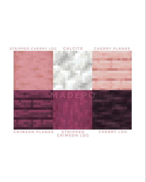 Minecraft 1.20 Cherry Grove Palette including cherry planks, cherry logs, stripped cherry logs, calcite, crimson planks, and stripped cherry logs! Follow for more :) update, mcyt, mc, cute, aesthetic, cottagecore, pink, cherry, wood, pinkcore, digital art, digital, color, blocks, building, minecrafr builds Minecraft Block Palette Crimson, Cute Minecraft Floor Ideas, Minecraft Builds With Cherry Wood, Cherry Blossom Colour Palette Minecraft, Pink Blocks Minecraft, Minecraft Wood Pallets, Minecraft 1.20 Block Palette, Minecraft Japanese Block Palette, 1.20 Minecraft Update