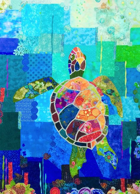 Turtle Collage, Sea Turtle Quilts, Turtle Quilt, Boro Stitching, 3d Quilts, Keepsake Quilting, Turtle Pattern, Fabric Collage, Applique Quilting