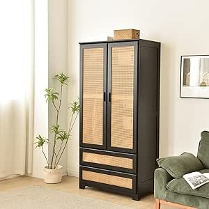 Pine Wood Closet with Rattan Doors and Two Drawers (Black) Rattan Armoire, Diy Hutch, Armoire Diy, Modern Armoire, Wood Closet Systems, Solid Wood Armoire, Rattan Doors, Tall Sideboard, Wood Closet