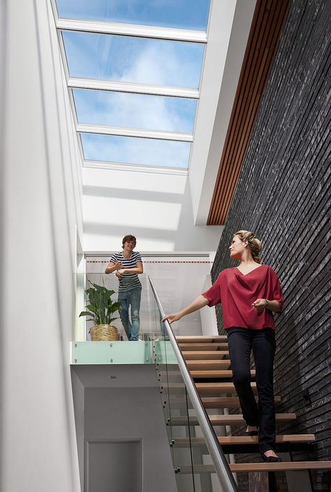 VELUX Modular Skylights for your home Staircase Skylight, Roof Skylight, Skylight Design, Narrow Staircase, Roof Lantern, Rooftop Terrace Design, Sky Light, Home Stairs Design, Glass Roof