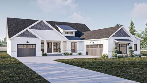 Transitional Ranch House Plans, Farmhouse With Side Garage, 2 Story House Plans With 3 Car Garage, House Plans With Boat Garage, Modern Farmhouse With 3 Car Garage, Split Garage House Plans, 2 Bedroom Ranch With Walkout Basement, House Plans With 4 Car Garage, House Plans With 3 Car Garage