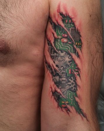 Biomechanical Tattoo Arm, Circuit Board Tattoo, Circuit Tattoo, Chip Tattoo, Ripped Skin Tattoo, Biomech Tattoo, Biomechanical Tattoo Design, Robot Tattoo, Rip Tattoo