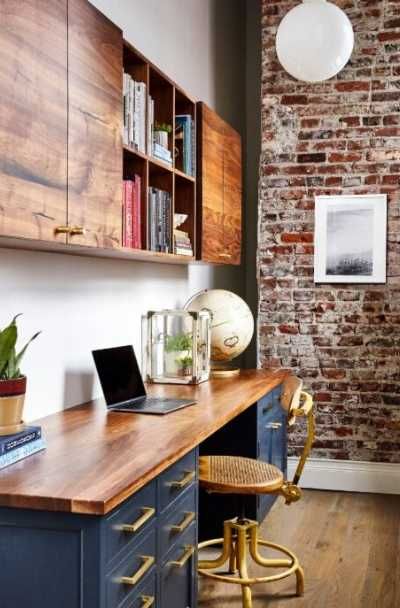 37 Home Office Design Ideas | Sebring Design Build Blue Home Office, Transitional Home Office, Navy Cabinets, Transitional Decor Living Room, Transitional Decor Kitchen, Japanese Interior Design, Modern Office Design, Brick Home, Blue Home