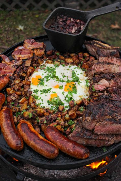 Cowboy Steak and Eggs - Over The Fire Cooking Cooking Over Fire Recipes, Cowboy Breakfast Ideas, Cowboy Eggs, Cooking For Husband, Outdoor Fire Cooking, Cowboy Meals, Campfire Steak, Country Cooking Recipes, Cooking On Fire