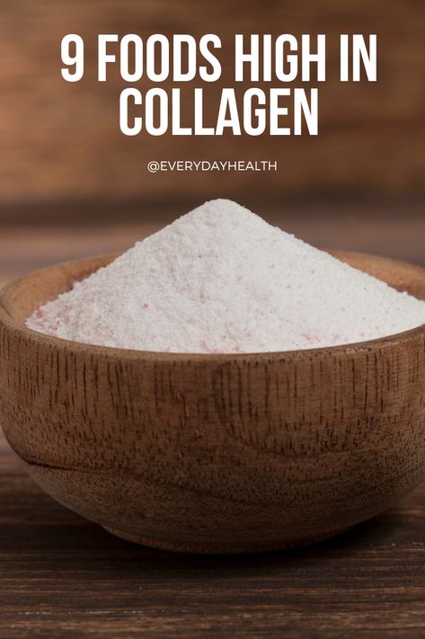 Supplements and powders are trendy, but lots of foods (including ones you may already be eating) are good sources of collagen.  Collagen is found in the bone, skin, and cartilage of animal foods.  There isn’t a recommended intake of collagen, but rich food sources include skin-on chicken, bone broth, gelatin, and small, whole fish. To support collagen production in your body, focus on eating protein-rich foods, as well as those that contain vitamin D, calcium, copper, zinc, and vitamin C. Types Of Collagen, Natural Collagen Sources, Foods High In Collagen, Foods With Collagen, Bone Broth Gelatin, Collagen Foods, Sources Of Collagen, Deep Forehead Wrinkles, Collagen Rich Foods