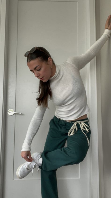 White sheer long sleeve knit, with emerald green vans pants tied with an off-white shoelace belt, and white  sneakers. Shoelace Belt, Im Obsessed, You Never Know, Summer 2022, Staple Pieces, Come Back, In Style, Shoe Laces, You Never