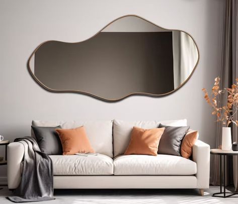 Asymmetric mirror @etsy Modern Mirror Wall Decor, Asymmetric Mirror, Ladies Bathroom, Mirror Entryway, Home Mirror, Wood Frame Mirror, Wall Decor Mirror, Mirror Living Room, Living Room Mirror