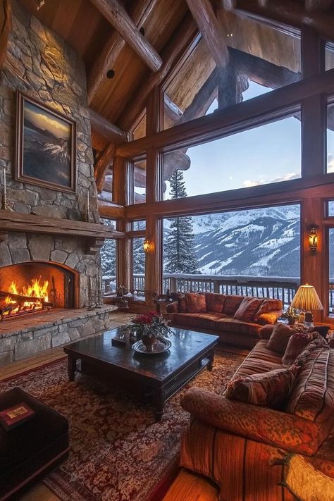 Luxury Mountain Lodge With a Grand Stone Fireplace in the Great Room stunning winter mountain views. Check out and drool over all of these enchanting mountain homes with stone fireplaces–the ultimate cozy and rustic retreats. Mountain Dream Homes Interior, Mountain Home Great Room, Luxury Cozy Living Room, Inside Fireplace, Mountain Lodge Interior Design, Luxury Home Aesthetic, House On A Mountain, Mountain Lodge Aesthetic, Luxury Cabins