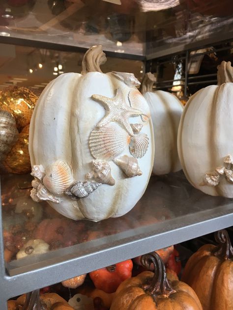 Coastal Beach Pumpkins Ideas | Carved Pumpkins with Sea Life Motif | Blue Painted Pumpkins and more Coastal Pumpkins, Coastal Halloween, Coastal Fall, Target Home, Carved Pumpkins, Fall Beach, Coastal Holiday, Target Home Decor, Island Decor