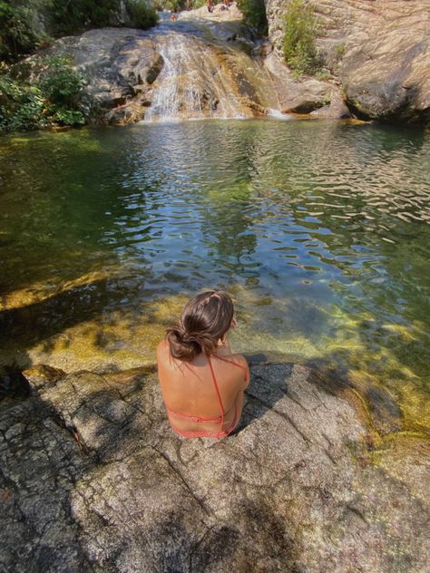 Rock Pools Aesthetic, Rock Pool Aesthetic, Pools Aesthetic, Landscape Greenery, Swimming Nature, Greenery Plants, Swimming Hole, Natural Swimming Pool, Orange Swimsuit