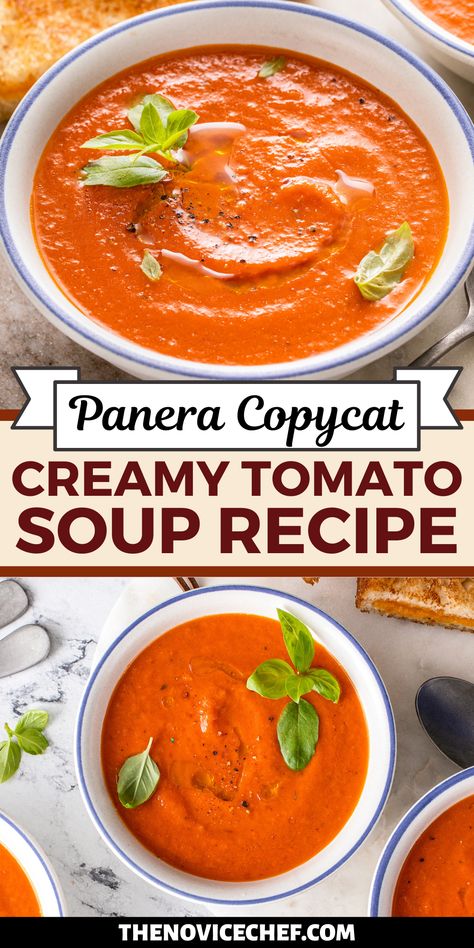 Panera Tomato Soup, Tomato Soup Recipe Easy, Panera Tomato Soup Recipe, Blender Soups, Creamy Tomato Soup Recipe, Tomato Bisque Soup, Easy Homemade Soups, Panera Copycat, Homemade Tomato Soup Recipe