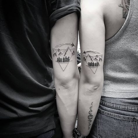 Couples Tattoos Back Of Arm, Family Tattoos For Couples, Matching Landscape Tattoo, Travel Couple Tattoo Ideas, Couple Outdoor Tattoos, Camping Couple Tattoos, Beach And Mountain Couple Tattoo, Couples Tattoos Big, Elopement Tattoo Ideas