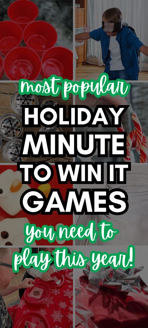 Christmas Minute To Win It Games For Kids And Adults (FUN HOLIDAY GAME IDEAS) - funny group games for families, Christmas party games, or Christmas Eve activities. Great games for kids Christmas parties or holiday kids activities too or youth group Christmas game ideas! #minutetowinit #christmasgames #holidaygame #partygames #challengegame Funny Group Games, Holiday Game Ideas, Holiday Kids Activities, Kids Christmas Parties, New Year's Eve Games For Family, Christmas Eve Activities, Minute To Win It Games Christmas, Christmas Game Ideas, Minute To Win It Christmas