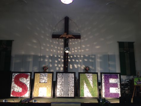 Altar transformation-4 1/2 foot letters with lots of glitter! Let’s Start The Party Vbs, Shine Vbs 2024 Decorations, Shine Vbs 2024, Shine Vbs Decorations, Christmas Vbs, Vbs Diy, Space Vbs, Vbs 2023, Vbs Themes