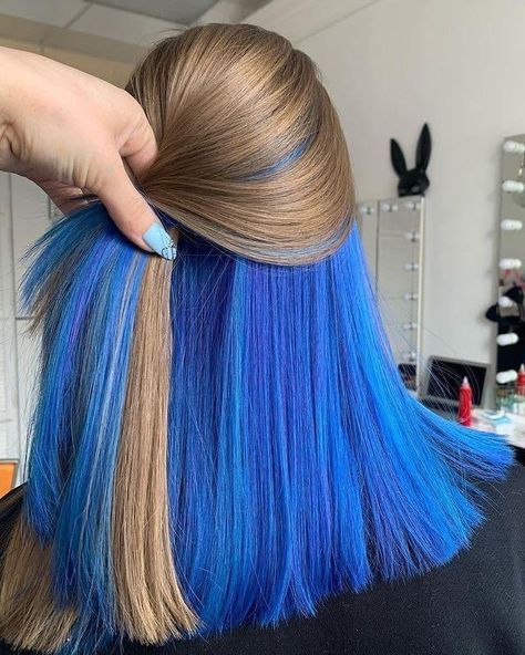 Blue And Blonde Hair, Blue Hair Underneath, Under Hair Dye, Underdye Hair, Chica Dark, Hidden Hair Color, V Shape Hair, Aaliyah Hair, Peekaboo Hair Colors