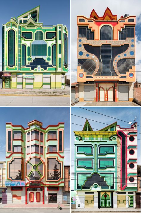 A new style of architecture in Bolivia, inspired by the indigenous Aymara culture (as well as science fiction, specifically the Transformers) designed by Freddy Mamani Sylvestre Indigenous Futurism Architecture, Kindergarten Facade, Indigenous Futurism, Funky Buildings, Funny Architecture, Expressive Type, Architecture Cool, Transformers Design, Cultural Architecture