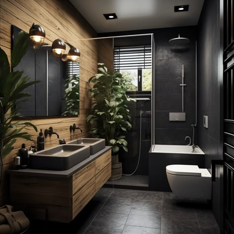 This bathroom is the perfect blend of modern simplicity and natural warmth. The sleek black fixtures, wooden textures, and lush plants create a serene space that feels both contemporary and cozy. 🌿🖤 Would this design inspire your next bathroom makeover? Let me know in the comments! #BathroomInspo #ModernBathroom #BlackAndWood #InteriorDesignGoals #MinimalistBathroom #NaturalElements #HomeDecorInspo #BathroomDesign #CozyVibes #GreeneryInBathrooms #ElegantSpaces #DesignInspiration #LuxuryLivin... Wooden Modern Bathroom, Black Bathroom With Greenery, Moody Masculine Bathroom, Black And Bamboo Bathroom, Dark Small Bathroom Ideas, Modern Bathroom Dark, Black And Brown Bathroom, Black Freestanding Tub, Edgy Bathroom