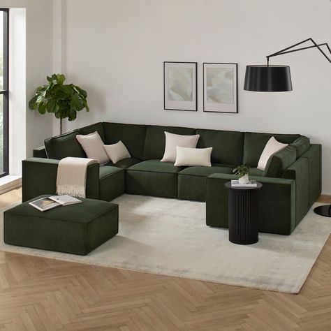 The ultimate in exceptional comfort and contemporary style, say hello to the Brooklyn U-Shape Sofa in dark olive. The perfect blend of style and luxurious comfort  With space for all the family, nights in with friends or indulgent lounging, the Brooklyn U-Shape Sofa is as versatile as it is stylish.  Made with a premium soft velvet fabric* in classic dark olive, this u-shape sofa has smooth modern lines, and is a stunning addition to any living space. With fibre filled back cushions, and pocket U Shape Sofa, Vibrant Living Room, Room Green, Closet Renovation, U Shaped Sofa, Living Room Green, Large Sofa, Luxury Sofa, Loveseat Sofa