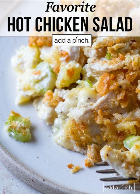 This Hot Chicken Salad recipe makes an easy, delicious meal! Chicken, celery, sour cream, and cheese baked with buttery cracker topping. Perfect for serving for a family meal, luncheons, and potlucks! It is always a crowd favorite. //addapinch.com #hotchickensalad #chickensalad #chicken #addapinch Hot Chicken Salad Recipe, Hot Chicken Salad, Warm Chicken Salad, Chicken Celery, Hot Chicken Salads, Best Chicken Salad Recipe, Chicken Salad With Grapes, Chicken Salads, Squash Casserole Recipes