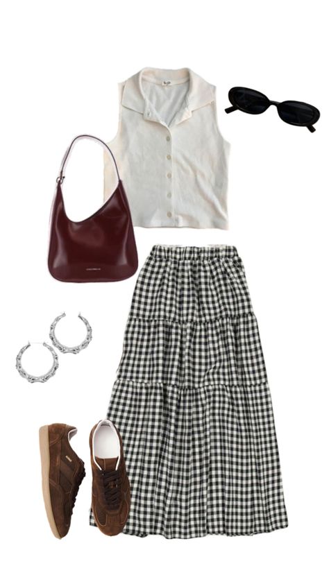 ootd, outfit inspo, cute outfit, summer outfit, fall outfit, autumn outfit, spring outfit, midi skirt, plaid, gingham, silver jewellery, summer top, button up, red leather bag, sambas, gazelles, adidas, brown sambas Gingham Skirt Outfit, Adidas Brown, Jewellery Summer, Midi Outfits, Skirt Outfit Summer, Outfit Autumn, Red Leather Bag, Midi Skirt Outfit, Gingham Skirt