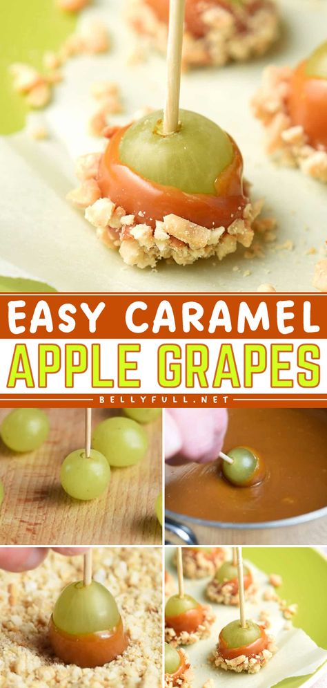 Learn how to make Caramel Apple Grapes! They're so easy. Dipped in nuts, these caramel coated grapes are a perfect afternoon snack idea. So, go and grab some green grapes then try this fall recipe! Caramel Apple Grapes, Apple Twist, Caramel Apples Easy, Party Snacks Easy, Easy Caramel, Grape Recipes, Fall Appetizers, How To Make Caramel, Fall Snacks