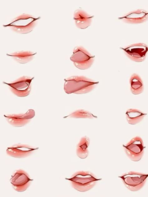 Lips Refrences Drawings, Lip Guide Drawing, Anime Mouth Drawing Female, Pouty Lips Drawing Anime, How To Draw Lips From Different Angles, Lip Refrences Drawings, How To Draw Puckered Lips, Manhwa Lips Drawing, Mouth Angles Reference