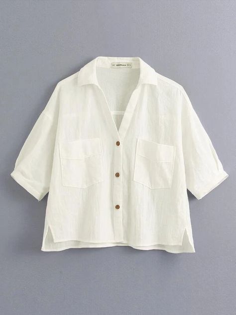 V Neck Pocket Detail Blouse | SHEIN USA Cotton Blouse For Vacation, Cotton Vacation Blouse With Collar, Summer Collar Blouse With Pockets, Linen Blouses, Female Shirts, Blouses Vintage, Pocket Blouse, Chic Tops, Plain Blouse