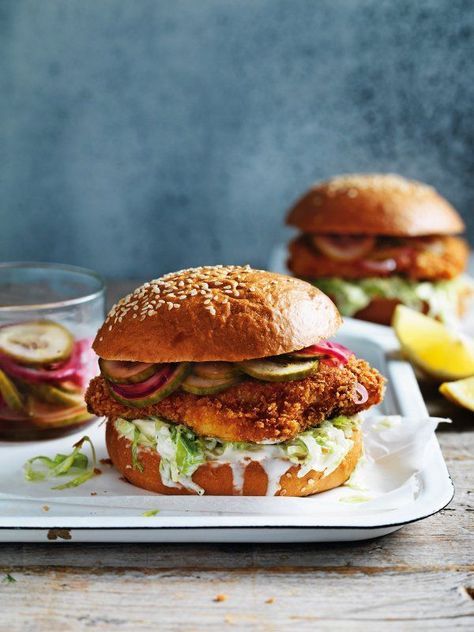 Image of Matt Moran's Fish Burgers Fish Burger Ideas, Nigella Recipes, Fish Burger Recipe, Cocktail Salad, Guest Recipes, Fish Burgers, Easy Burger Recipe, Fish Burger, Mother Hen