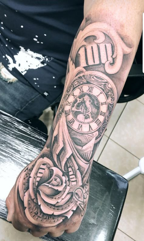 Time is Money ....best tattoo Time Is Money Tattoo, Money Tattoos, Traditional Chicano Tattoos, Money Rose Tattoo, Dollar Tattoo, Art Chicano, Rose Tattoo Sleeve, Money Tattoo, Tattoo Inspiration Men