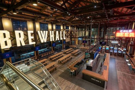 Brewery Bar Design, Taproom Ideas, Sport Bar Design, Brewery Bar, Brewery Design, Olympic Village, Beer Hall, Timber Beams, Brew Pub