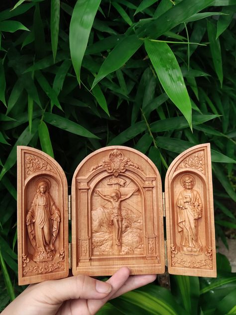 Excited to share the latest addition to my #etsy shop: The Holy Family Figurine, Triptych Of Jesus Virgin Mary and Saint Joseph Statue, Gift For Catholic Family, Christmas Nativity Set Wooden https://etsy.me/3SgEhCi #housewarming #christmas #hollyfamily #christmasnativ Catholic Bedroom, Catholic Christmas Decorations, Gift Ideas For Grandparents, Catholic Wall Decor, Catholic Christmas Gifts, St Joseph Statue, Family Altar, Car Desk, Saint Statues