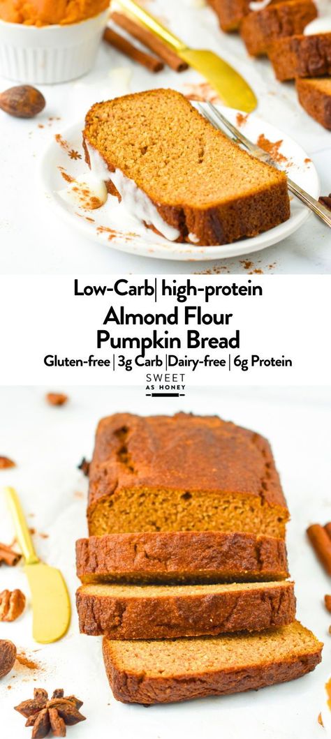 This Almond Flour Pumpkin Bread has a delicious moist crumb, perfect for celebrating the fall season.Bonus, this pumpkin bread recipe is also low-carb, sugar-free, and gluten-free. Almond Flour Pumpkin Bread, Almond Flour Pumpkin, Keto Pumpkin Bread, Healthy Pumpkin Bread, Gluten Free Pumpkin Bread, Almond Flour Bread, Flour Bread, Paleo Sweets, Almond Flour Recipes