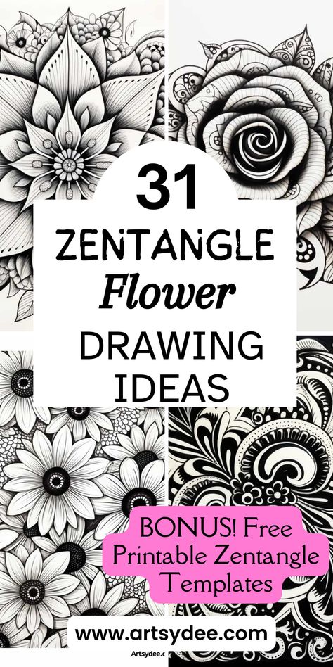 Explore 31 Zentangle Flowers for Your Sketchbook Art Inspiration! Enhance your artistic journey with a stunning array of floral zentangle designs. Ignite your creativity and find inspiration for your sketchbook art. These zentangle flowers, from intricate petals to mesmerizing patterns, will breathe life into your artwork. Immerse yourself in the beauty of zentangle floral art and ignite your imagination today! Don't forget to grab the bonus free zentangle flower templates. Intricate Drawing Ideas, Mandalas, Zen Doodle Flowers, Zentangle Patterns Flower, Unique Zentangle Drawings, Random Patterns Drawing, Zentangle Animals Art, Floral Zentangle, Zantangle Art