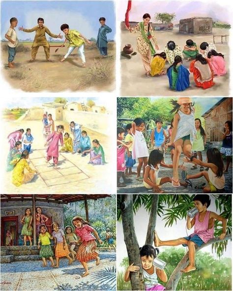 Cultural Paintings Indian, Life Before Internet, Watercolour Composition, Indian Games, Agriculture Pictures, Village Games, Farmer Painting, Village Scene Drawing, Ariel Wallpaper