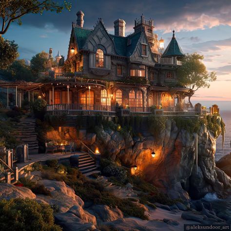 AlekSunDoor (@aleksundoor_art) • Instagram photos and videos Aesthetic Mansion Exterior, Twilight Sunset, Fantasy Cottage, Wattpad Background, Mansion Exterior, Magical House, Dream Fantasy, Landscape Concept, Fantasy Homes