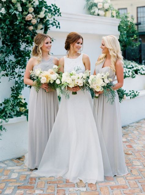 Elegant gray bridesmaid gowns: http://www.stylemepretty.com/2016/03/15/neutral-elegant-outdoor-wedding-inspiration/ | Photography: Greer Gattuso - http://www.greergphotography.com/ Dark Grey Bridesmaid Dresses, 2 Bridesmaids, Bridesmaid Dresses Long Chiffon, Chiffon Party Dress, Grey Bridesmaids, Outdoor Wedding Inspiration, Mismatched Bridesmaids, Boda Mexicana, Mismatched Bridesmaid Dresses