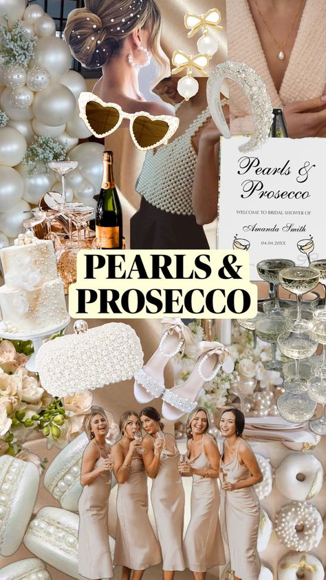 #pearlsandprosecco #pearls #prosecco #bridalshower #bridalshowerinspo #bridalshowertheme #elegant Pearl Themed Party, Pearl Bridal Shower, Hens Party Themes, Bridal Shower Inspo, Adult Party Themes, Holiday Dinner Party, Bachelorette Party Planning, Bridal Shower Inspiration, Bachelorette Themes