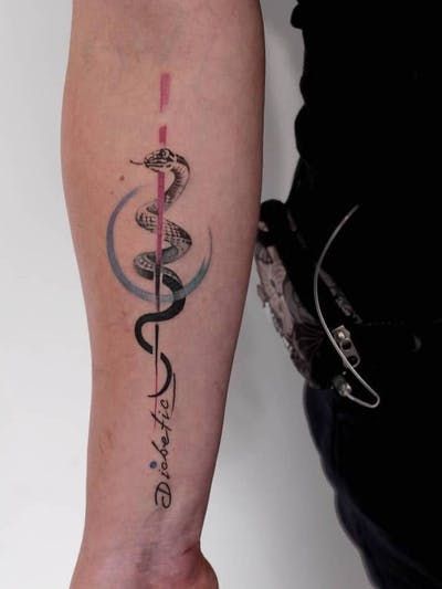 T1d Tattoo, Medical Alert Tattoo, Rod Of Asclepius, Robot Tattoo, Doctor Tattoo, Wand Tattoo, Medical Tattoo, Explore Tattoo, Ribbon Tattoos