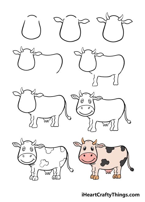 How to Draw A Cow – A Step by Step Guide Cow Drawing Easy, Draw A Cow, Sensory Cards, Trin For Trin Tegning, Easy Halloween Drawings, Cow Sketch, Cow Drawing, Drawing Lessons For Kids, Circle Drawing