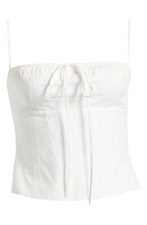 Decorative tonal embroidery adds to the charm of this corset-inspired top made with a hint of stretch for a curve-hugging fit. 12 1/2" length (size Medium) Hidden back-zip closure Square neck Adjustable straps Lined 65% polyester, 32% cotton, 3% elastane Dry clean Imported Embroidered Corset Top, Top Png, Aesthetic Tops, Embroidered Corset, Cute White Tops, Summer Cotton Tops, White Corset Top, Tonal Embroidery, Corset Blouse