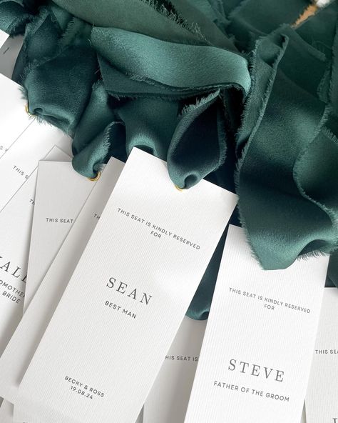 The most gorgeous green silk to finish off these reserved ceremony seat tags 🤍 . #weddingstationery #reservedseating #weddinginspo #weddinginspiration #weddingdecor #inspo #weddingday #bridetobe #groom . Wedding table | Tablescape | Bride to be | Wedding Day Reserved Seating Wedding, Minimal Wedding Invitation, Reserved Seating, Ceremony Seating, Minimal Wedding, Wedding Stationary, Bride To Be, Green Silk, Wedding Bells