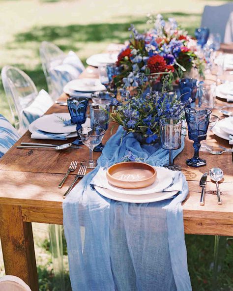 20 Blue Color Wedding Palettes We Love | Martha Stewart Weddings - This elegant wedding reception table is proof that multiple shades of blue can work together! Pair blue details with blue wedding flowers for a chic, sophisticated wedding color palette. #weddingideas #weddingcolors #wedding Indigo Blue Wedding, Blue Color Palette Wedding, Indigo Wedding, Blue Table Settings, Sheila E, Blue Wedding Inspiration, Wedding Colors Blue, Wedding Palette, Blue Wedding Dresses