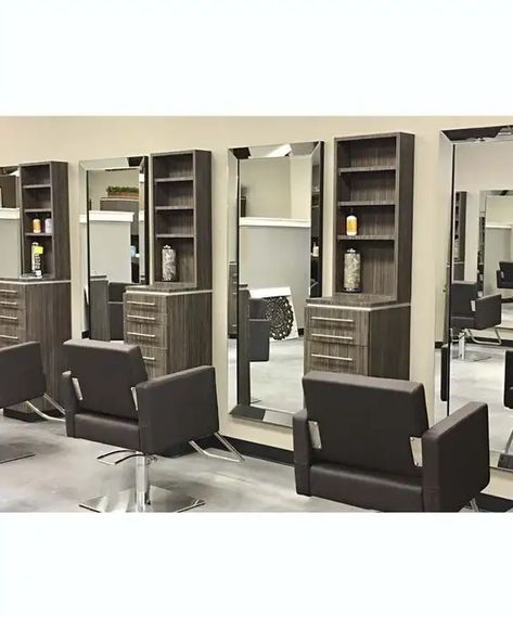 If you are interested, you can contact us Latest Salon Interior Design, Salon Stations With Full Length Mirror, Hair Stations Ideas, Kinyozi Interior Design, High End Salon Decor, Barbershop Station Ideas, Small Salon Floor Plan, Styling Station Ideas Salon, Salon Display Ideas