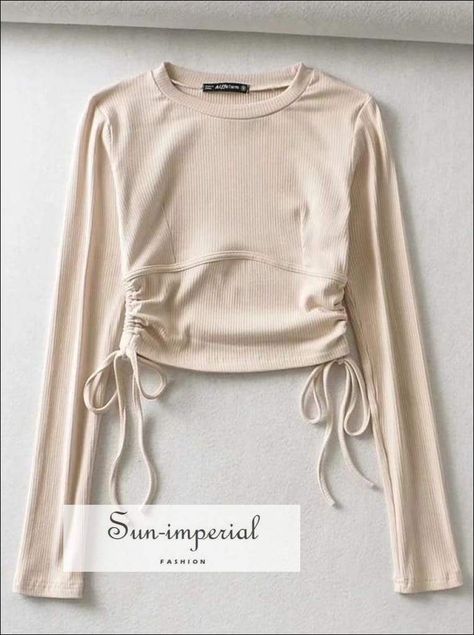 Cream Ribbed Fitted Corset detail Long Sleeve Drawstring T-shirt Ruched side Crop top Drawstring Top Outfit, Long Sleeve Crop Top Outfits, Cream Top Outfit, Crop Shirts For Women, Full Sleeves Top, Full Sleeve Crop Top, Classy Tops, Beige Crop Top, Fitted Corset