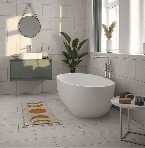 White Tile Bathroom Floor, Large Tile Bathroom, Stone Tile Wall, White Bathroom Tiles, Downstairs Toilet, Bathroom Redesign, Large Tile, Downstairs Bathroom, Bathroom Wall Tile