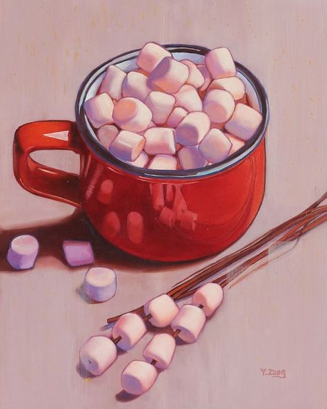 Hot chocolate and marshmallows - Yue Zeng - Paintings & Prints, Food & Beverage, Other Food & Beverage - ArtPal Hot Chocolate With Marshmallows, Chocolate With Marshmallows, Hot Chocolate Marshmallows, Red Mug, I Love Chocolate, Impressionism Painting, Toasted Marshmallow, Love Chocolate, Marshmallows