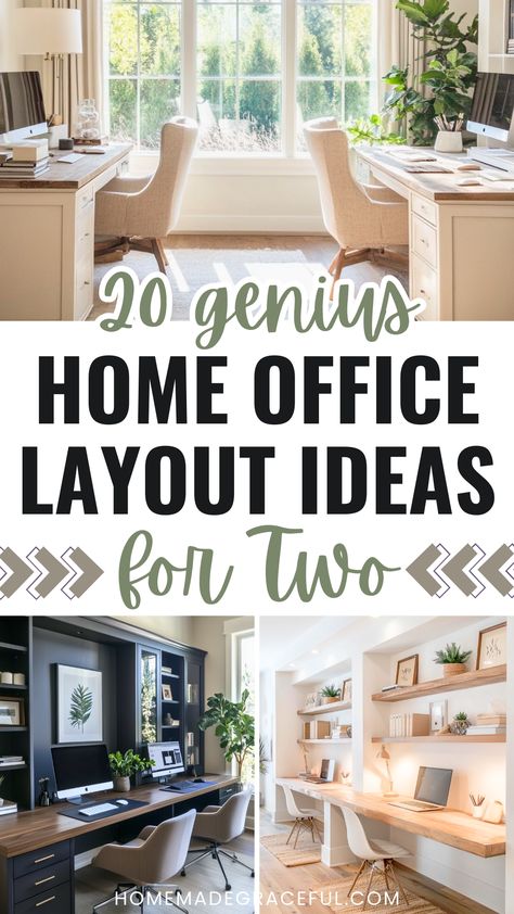 home office layout ideas for two Home Office Developer Setup, Office Decor His And Hers, Home Office With Desk And Credenza, Home Office Central Desk, Double Desks Home Office, Office With Dining Table Desk, Long Room Office Layout, Two Desk Home Office Guest Room, Dual Standing Desk Home Office