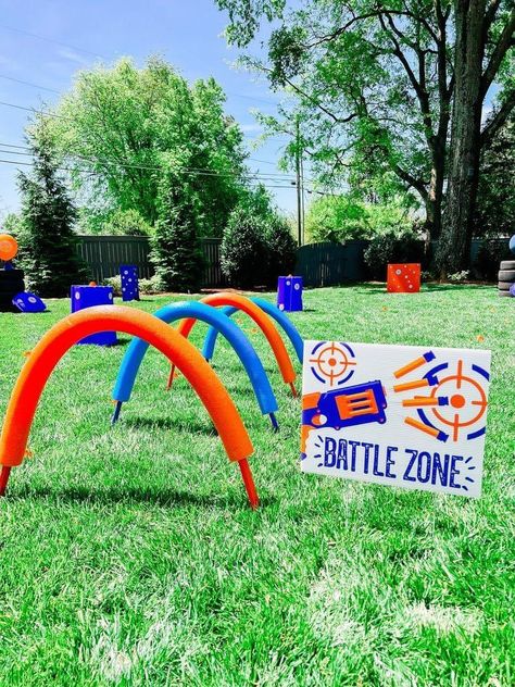 Nerf Birthday Party Ideas, Nerf Target, Boys 8th Birthday, Backyard Birthday Party, 7th Birthday Party Ideas, Nerf Birthday Party, Battle Field, Backyard Birthday Parties, Party Prep