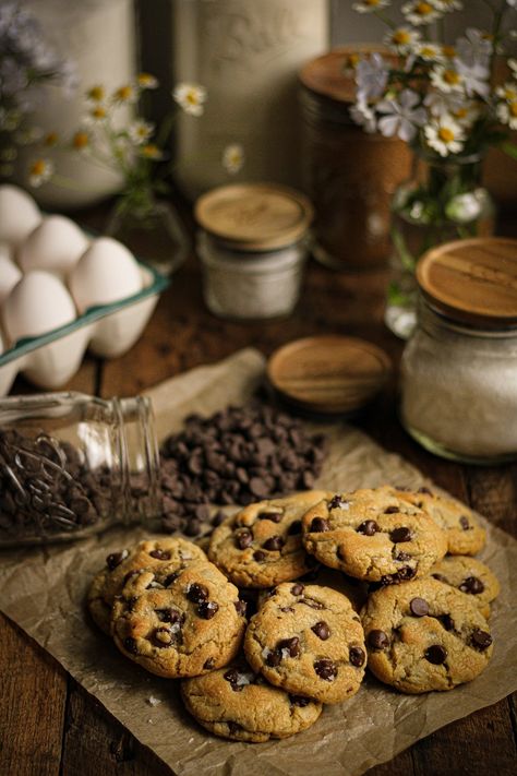 Salted Chocolate Chip Cookies — Must Love Herbs Freshly Baked Cookies, Home Baking Photography, Fresh Baked Cookies Aesthetic, Chocolate Cookies Photography, Cookie Flatlay, Baking Aesthetic Cookies, Cookie Food Photography, Home Baking Aesthetic, Chocolate Chip Cookies Aesthetic