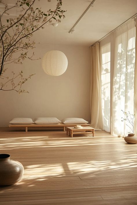 42 Japandi-Inspired Home Yoga Studio Designs - TastyInteriors Yoga Room Minimalist, Yoga Basement, Japandi Yoga Studio, Yoga Place At Home, Home Yoga Space, Yoga Space At Home, Japanese Minimalism Interior, Japandi Ikea, Yoga Space Design